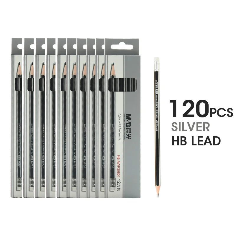 120pcs Silver Pencil M& G шестиугольник предварительно заточенные HB школьные карандаши с ластиком ведущий деревянный карандаш деревянный графитный карандаш канцелярские принадлежности, школьные принадлежности, 120/48 кГц/24 предмета - Цвет: 120pcs Silver Pencil