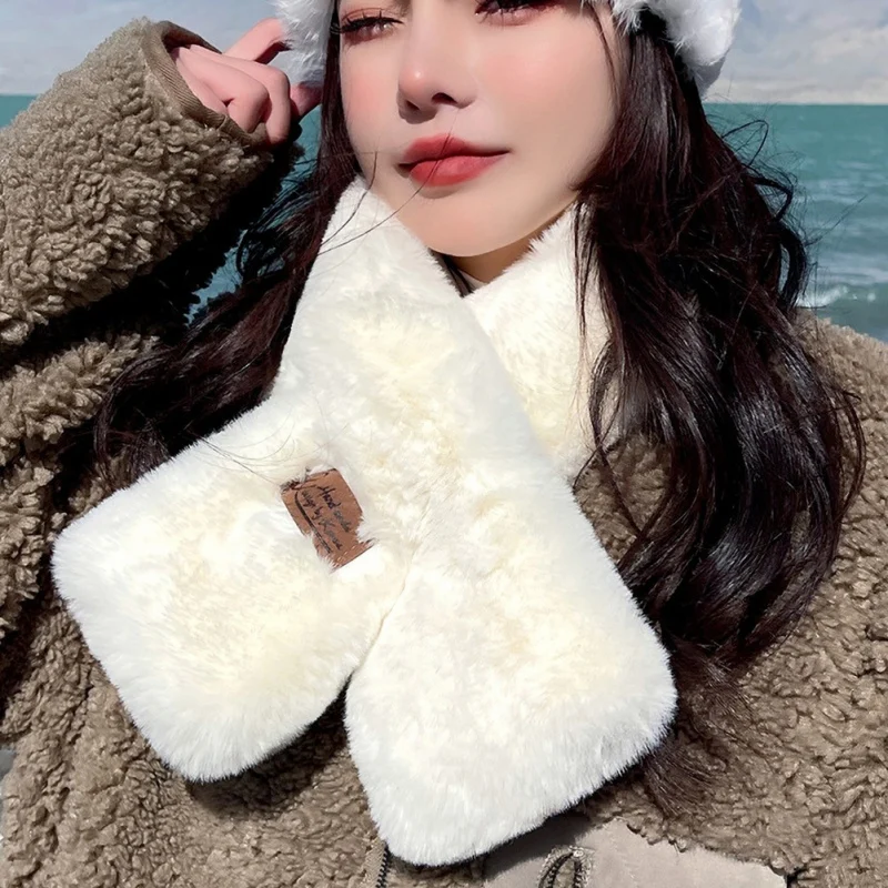 

Woman Winter Warm Scarf Outdoor Hiking Imitation Rabbit Fur Scarf Travel Neck Warmer Female Cute Plush Solid Thermal Neck Wrap