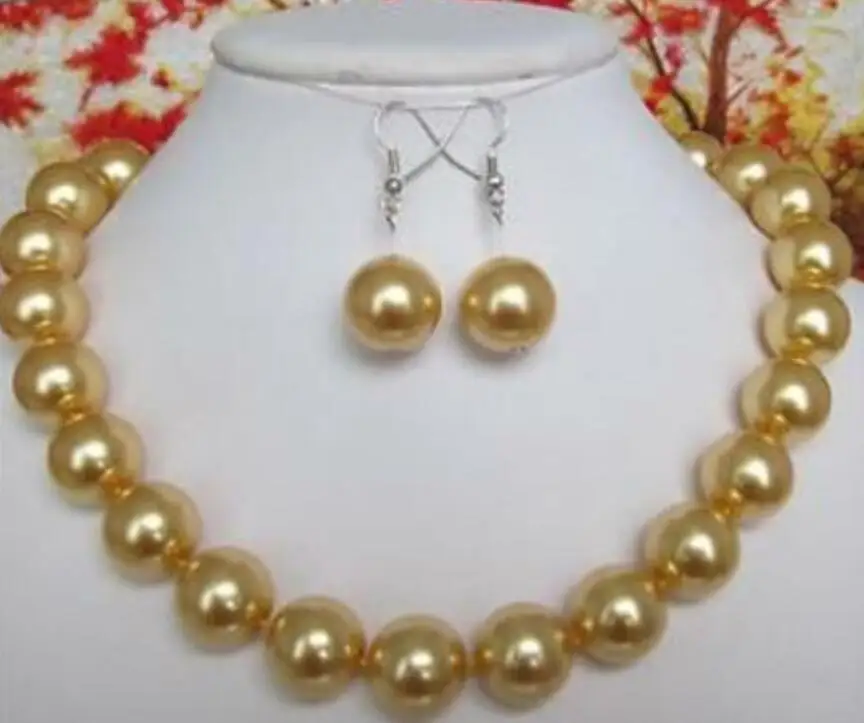 Очаровательная 14 мм золото раковины южного моря Жемчужное ожерелье серьги 18