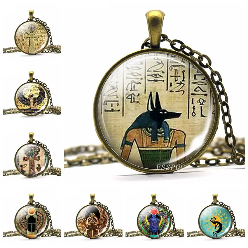 Egyptian Ankh Cross Necklace Ancient Egypt Anubis Scarab Goddess Pattern Vintage Bronze Chain Necklaces for Women Men | Украшения и