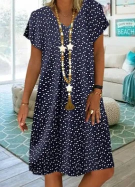 

2021 summer new ladies casual short sleeve V-neck polka dot heart-shaped printed dress wish AliExpress explosions