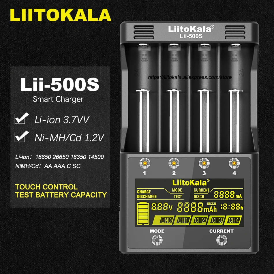 

Зарядное устройство LiitoKala Lii-500, PD4, 500S LCD, 3,7 В, для батарей 18650, 18350, 18500, 21700, 20700B, 20700, 14500, 26650, AA, литиевых, NiMh