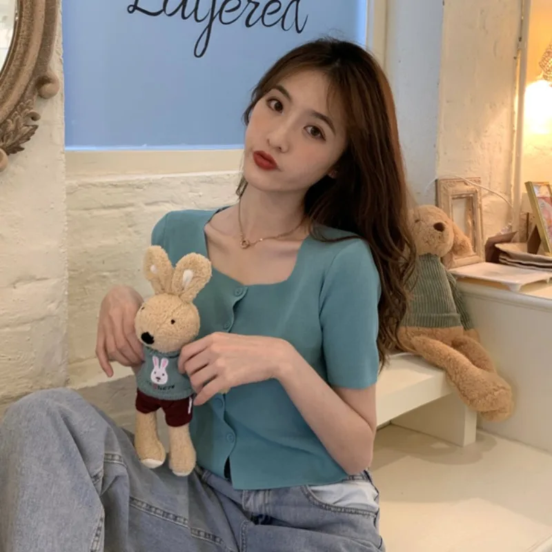 Женский короткий свитер с квадратным вырезом Белый Универсальный ретро