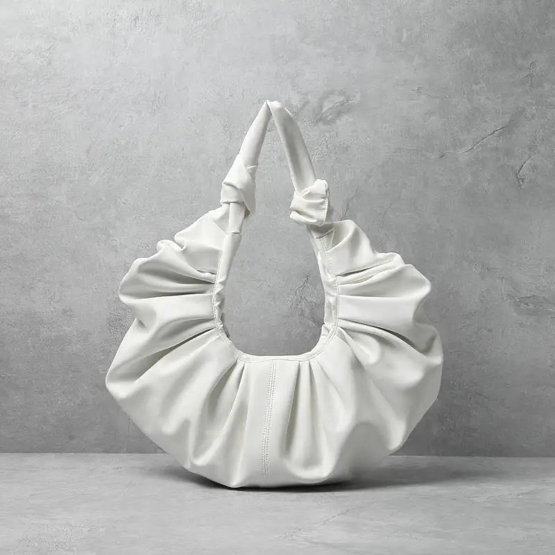 

Summer Elegant Fashion Woman Fold Design Underarm Bag Solid Color Half Moon Shape Cowhide Pleated Cloud Shoulder Bag