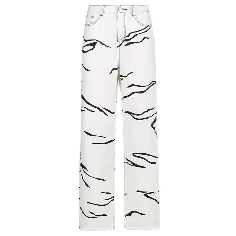

Street-style, animal print, high-waisted, casual, straight leg jeans