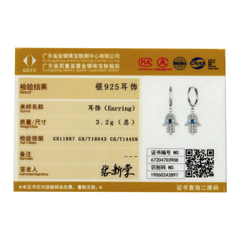 

BISAER 925 Sterling Silver Hand Of Fatima Drop Earring Blue Zircon Good Luck Eyes Fashion Earrings For Women Jewelry EFE384