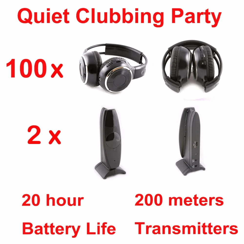 

Silent Disco Headset System Folding Wireless Headphones - Quiet Clubbing Party Package Including 100 Headsets + 2 Transmitters