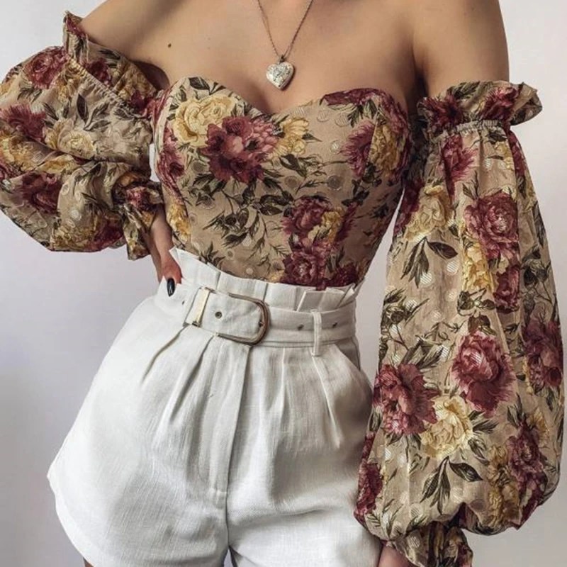 

Sexy Off Shoulder Ruffles Summer Crop Top Fashion Women Holiday Beach Shirt Vintage Printed Elegant 2021 Female Blouse