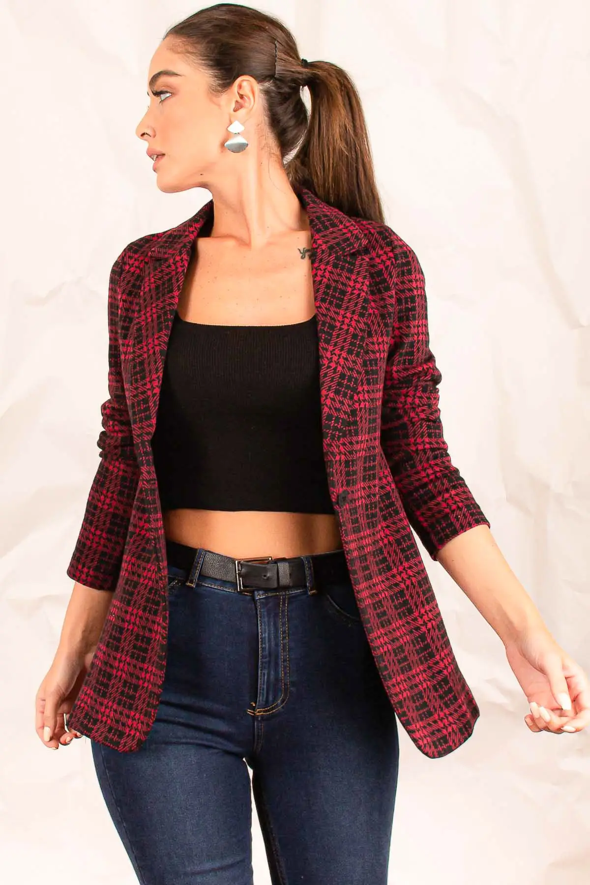 Armonika Женская кофейная печатная однокнопочная клетчатая куртка ARM 19K001131|Женские