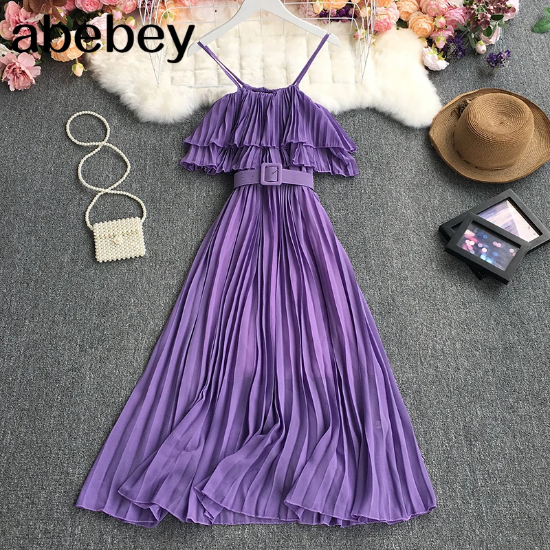 

Женское плиссированное платье-трапеция средней длины, платье без рукавов с открытыми плечами, высокой талией и поясом, лето 2021