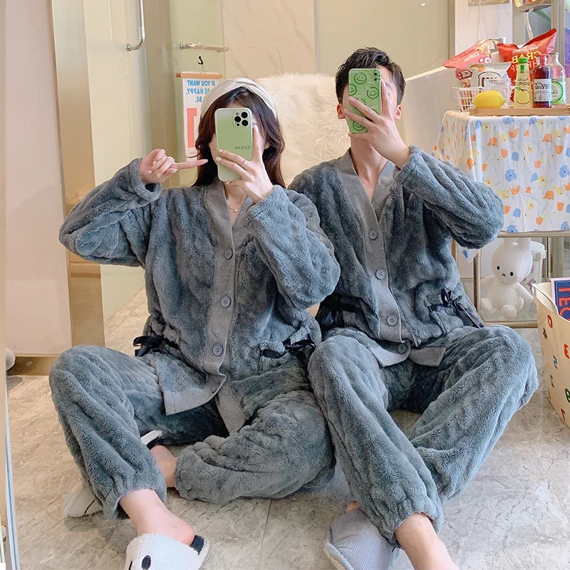 

Winter New Women And Men Warm Homewear Two-piece Pajamas Couple Flannel Thick Nightwear Comfort Coral Velvet Casual Sleepwear