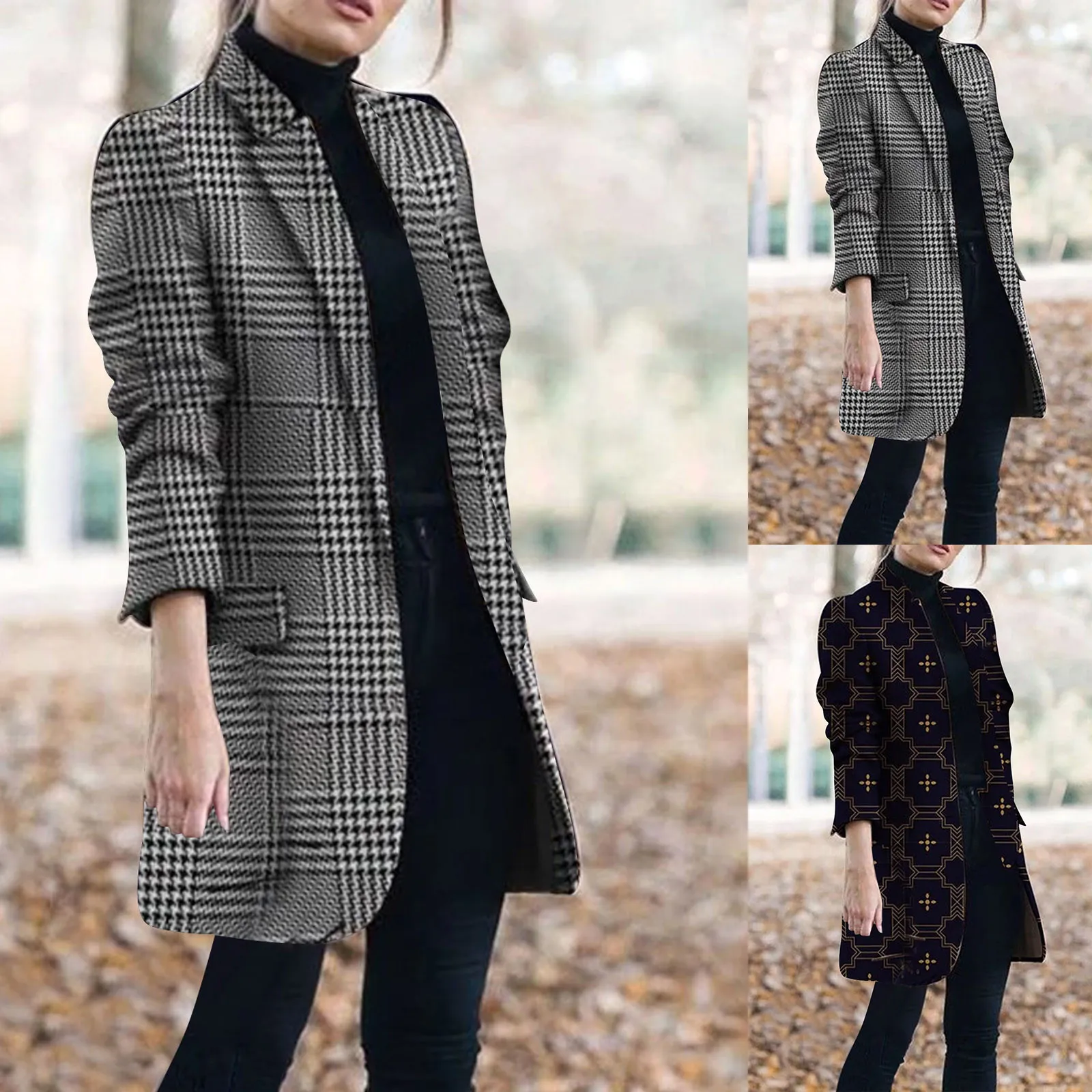 

Women's Mid-Length Long Sleeve Coat Fashion Winter Plaid Print Woolen Stand Collar Slim Business Overcoat