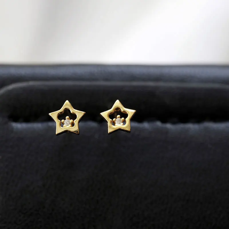 

S925 Sterling Silver Jewelry Plum Blossom Five-Pointed Star Shape Hollow Star Cute Mini Style Zircon Earrings