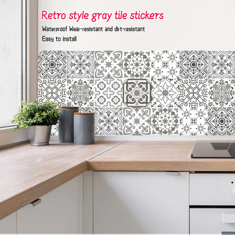 

Retro Style Gray Tiles Pattern Matte Floor Sticker Kitchen Tiles Desktop Renovation Waterproof Wall Sticker