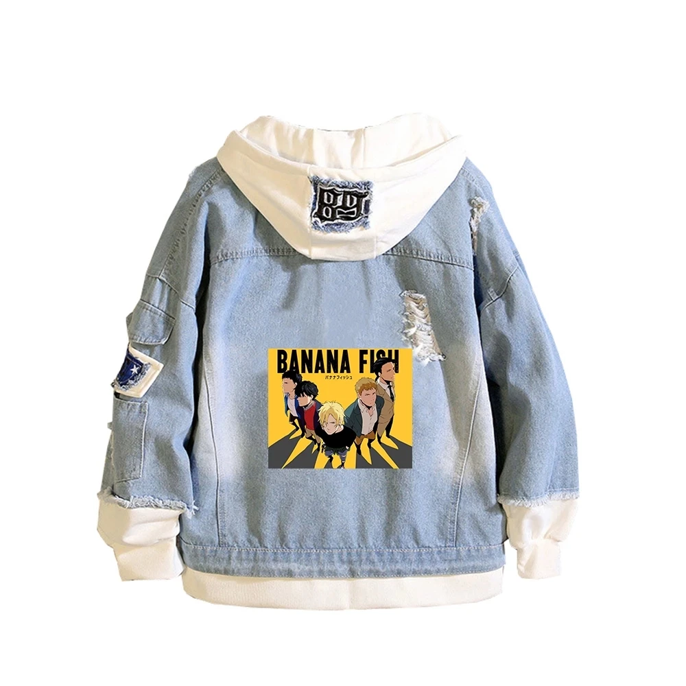 

Anime BANANA FISH Cosplay Denim Jacket Ash Lynx Costume Halloween Ripped Hooded Sweater Adult Women Men Clothing