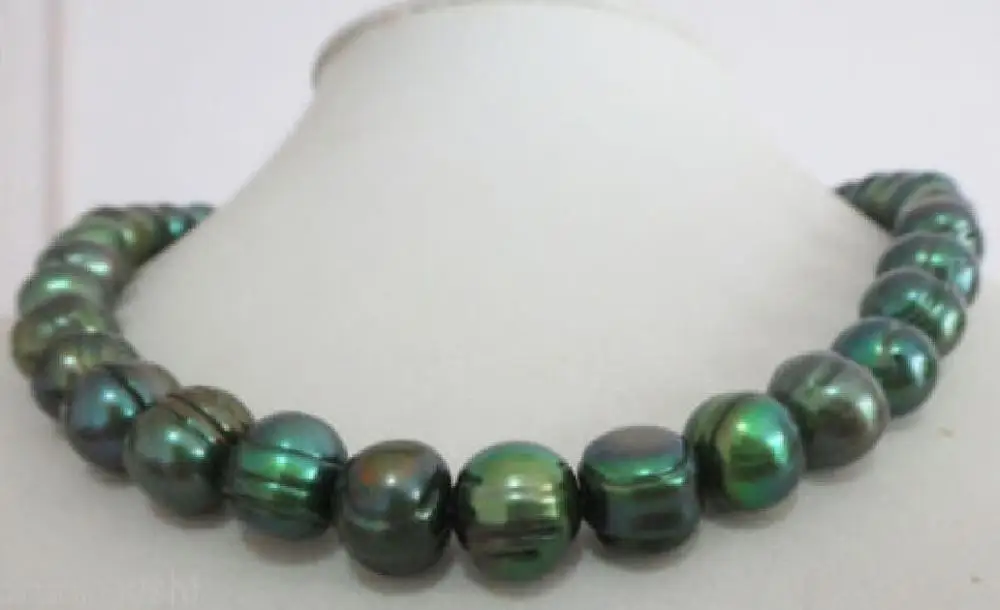 

natural 11-12mm tahitian baroque peacock green pearl necklace 18" 925silver