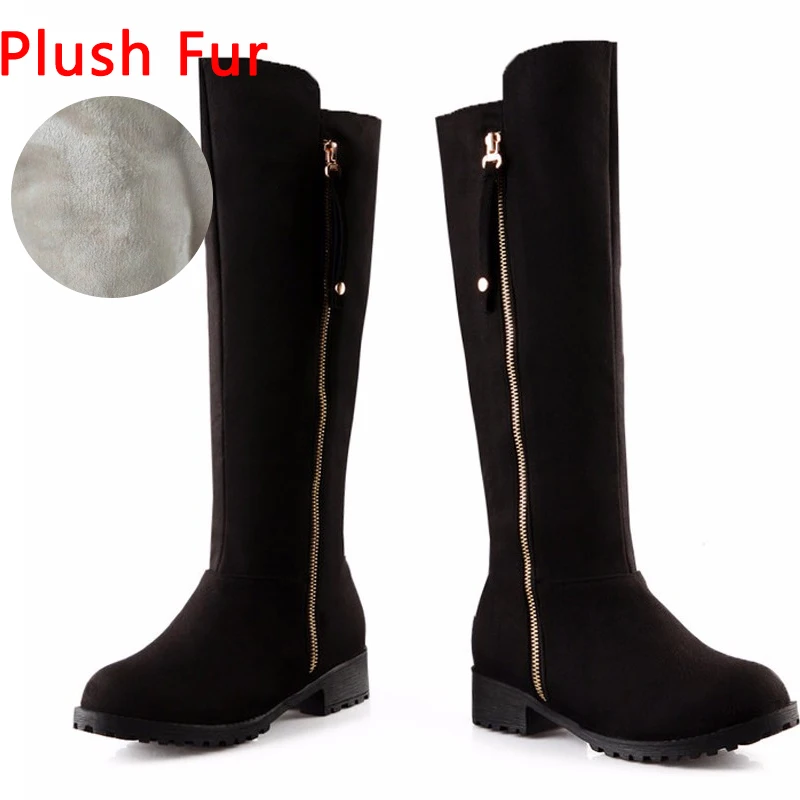 black plush Haoshen/Обувь для девочек женские сапоги с плоским коленом, на молнии, зима-осень, высокие сапоги для верховой езды модная теплая обувь с Плюшевым Мехом Размер 10,5 - Цвет: black plush