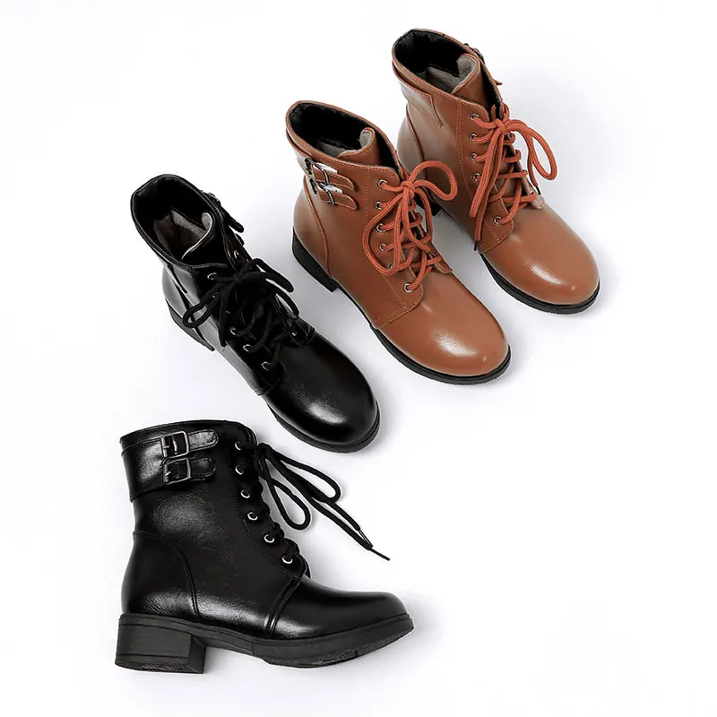 Новинка Зимние Повседневные Ботинки martin на шнуровке Черные ботильоны с круглым