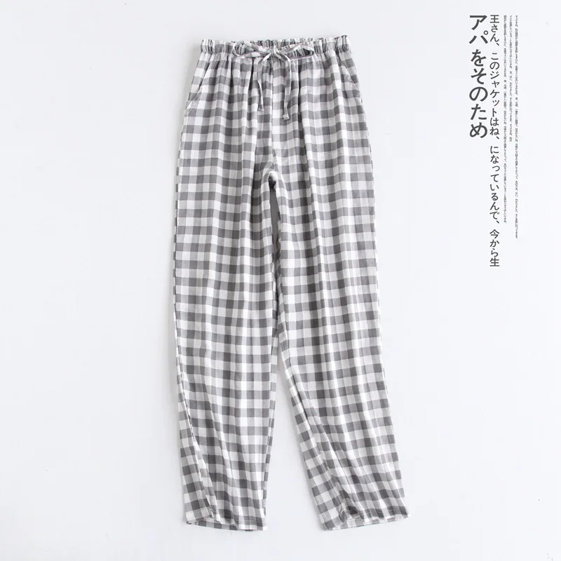 Spring Summer Women Cotton Gauze Sleepwear Long Pants Casual Men Plaid Sleeping Pants Drawstring Sleep Bottoms Homewear Trousers