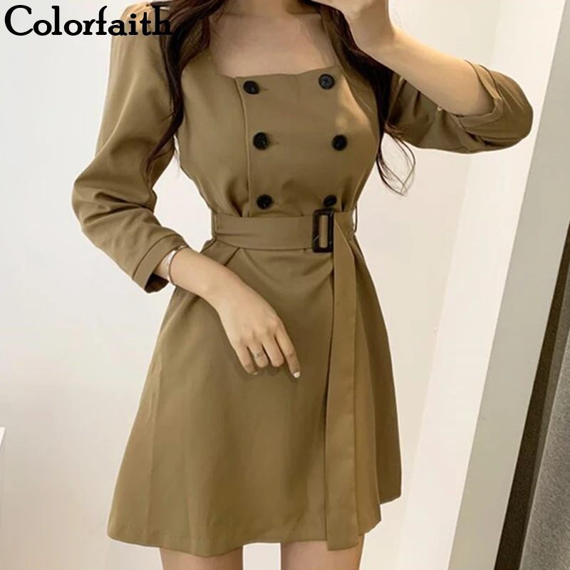 

Colorfaith New 2021 Autumn Winter Women Dresses Double Breasted Sashes Lace Up Korean Style Elegant Casual Mini Dress DR773