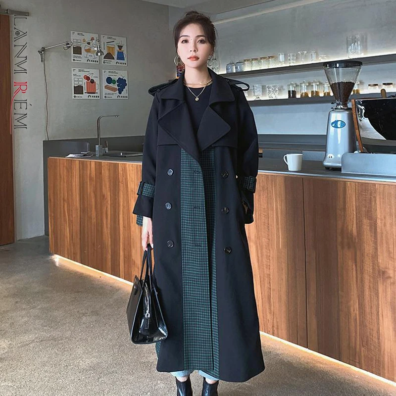

LANMREM 2021 Autumn Winter New Contrast Color Windbreaker Women Lapel Loose Long Sleeve Trench Outwear Female Fashion 2W1777