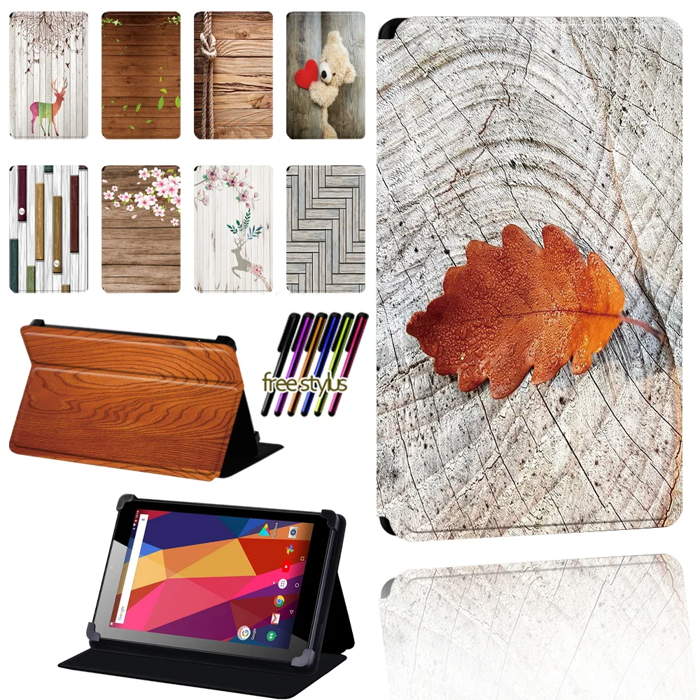 

Wood Case for Argos Alba 7/8/10 Inch Leather Pu Adjustable Folding Dust-proof Tablet Protective Cover + Stylus