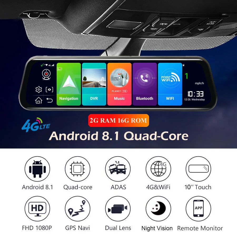 Olysine 10 дюймов 4G Android 8 1 Автомобильный видеорегистратор зеркало GPS ADAS WiFi с двойным