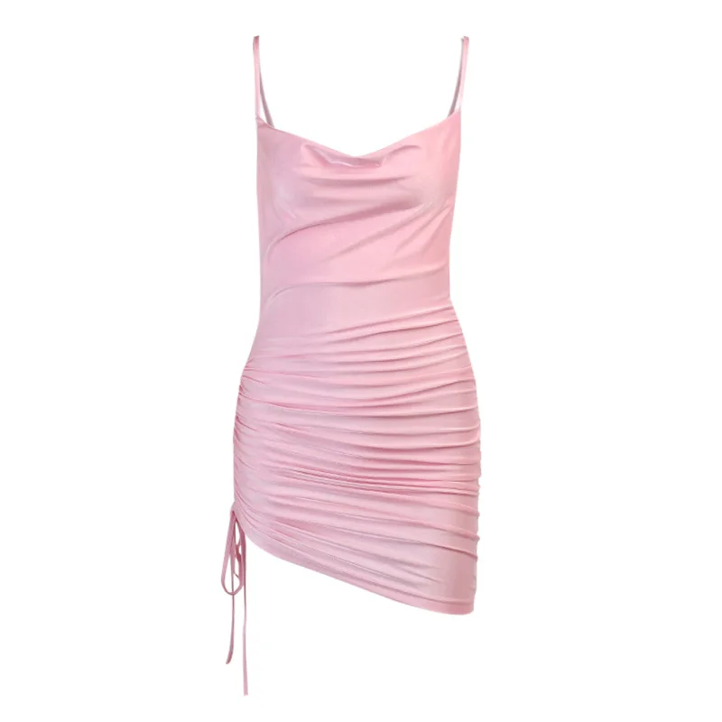 

Beyouare Sexy Casual Women's Dress Strapless Spaghetti Strap Drawstring Bandage Folds Mini Dresses 2021 Summer Solid Young Style