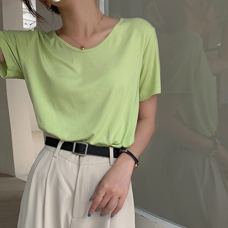 

O-Neck Solid T-Shirt Women Korean Style Simple Loose T-Shirts Woman Daily Casual Slim Slimming Tops Ladies Summer 2021