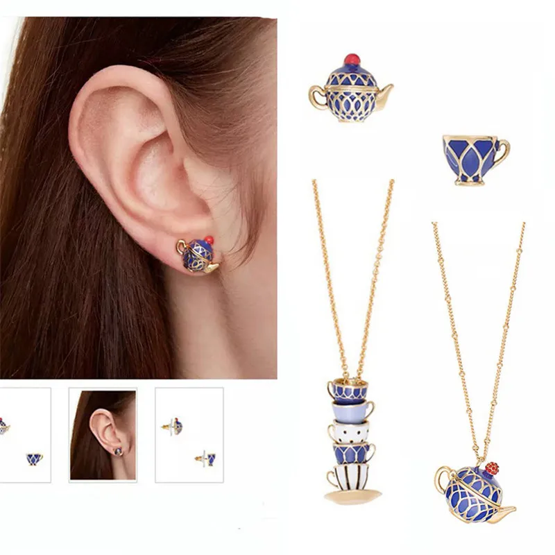 

European and American Fashion Legant Trend Jewelry Enamel Multicolor Cup Set Teapot Necklace Adjustable Necklace Sweater Chain