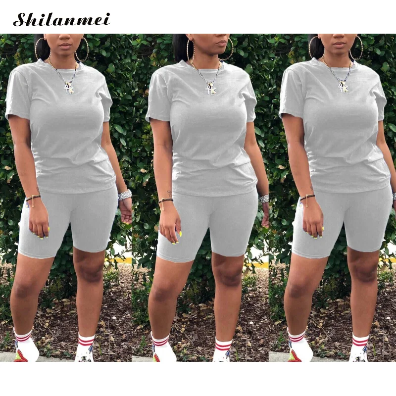 

2020 Summer Female Outfits Solid Casual Two Piece Set Women Tracksuit Fashion Fitness Suit Tshirt Top Short Pants Jogging Set