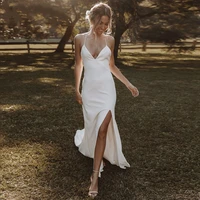 sexy slit white wedding dress a line thin straps v neck backless criss cross civil bridal gown woman vestido de novia 2021