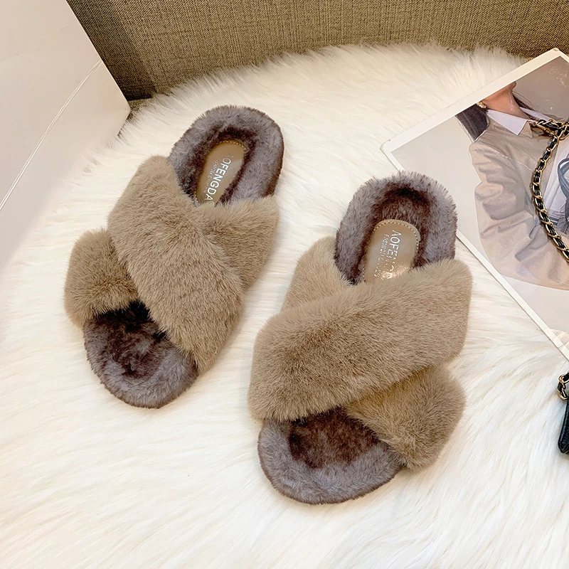 

2021 NEW Autumn and Winter Cross Hairy Slippers Women Flat Bottom Home Drag Non-slip Parent-child Plush Cotton Slippers Open Toe