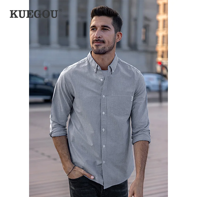 

KUEGOU 100% Cotton Autumn Man's Shirts Oxford Fashion Business Casual Quality Shirt Men Long Sleeve Top Clothing Plus Size 20524