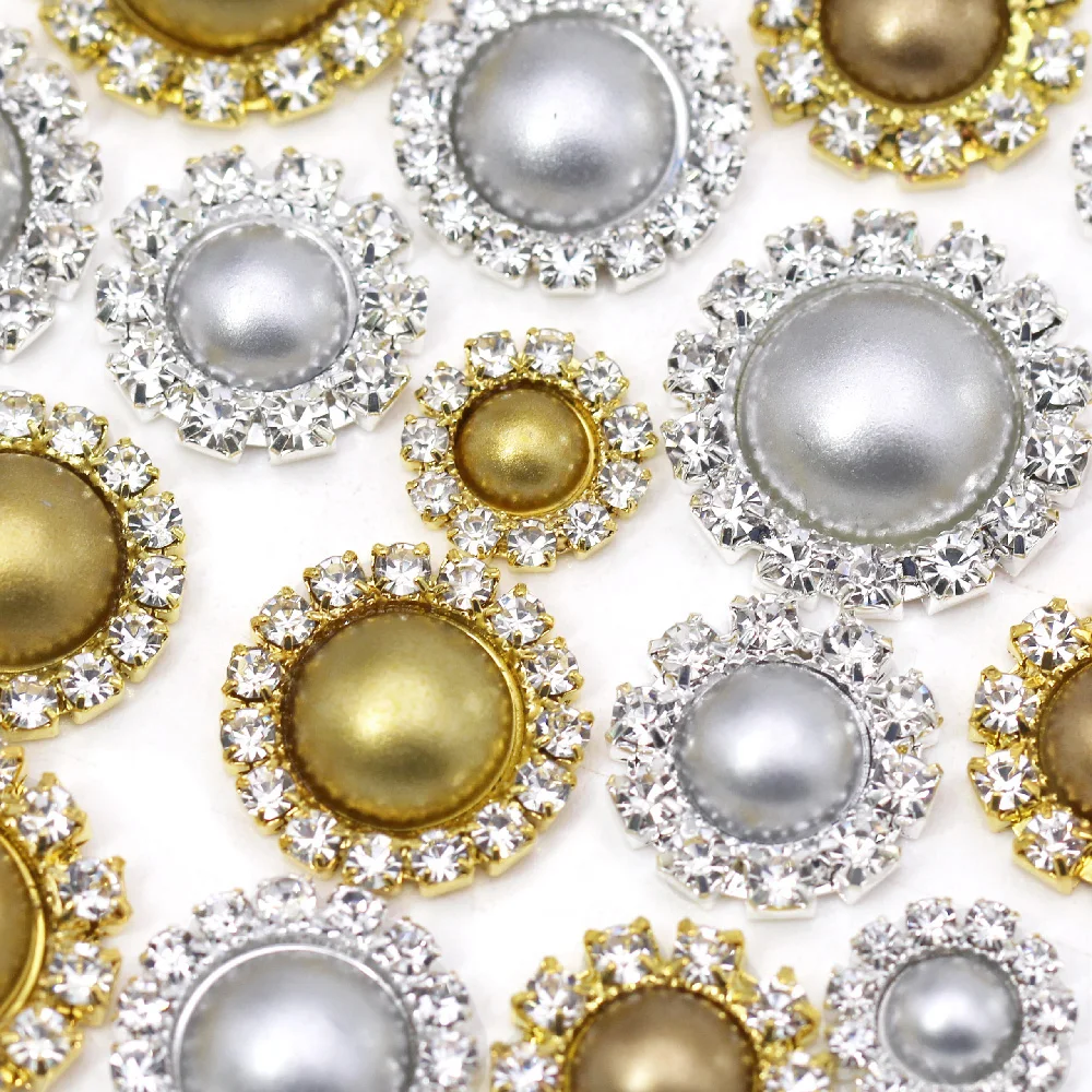 10 шт. Золотая Серебряная жемчужина пуговицы с плоской задней частью стразы для