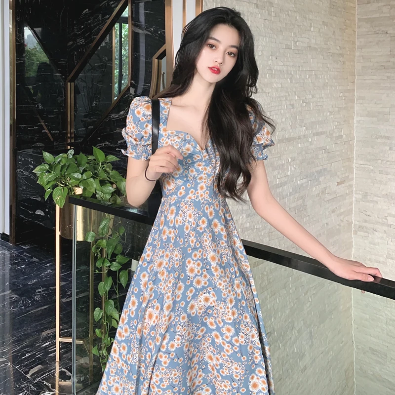 

Floral Print Dress Women Summer New Korean Long Sleeve Vestidos Slim Waist V-Neck Dress 2020 A-line Female Dresses