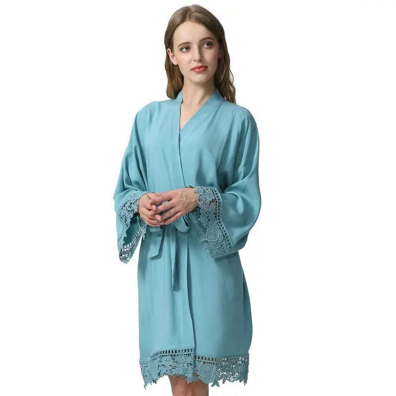 Solid Rayon Cotton Kimono Robes Lace Robe Women Wedding Bridal Robe Bathrobe Sleepwear Dusty Green