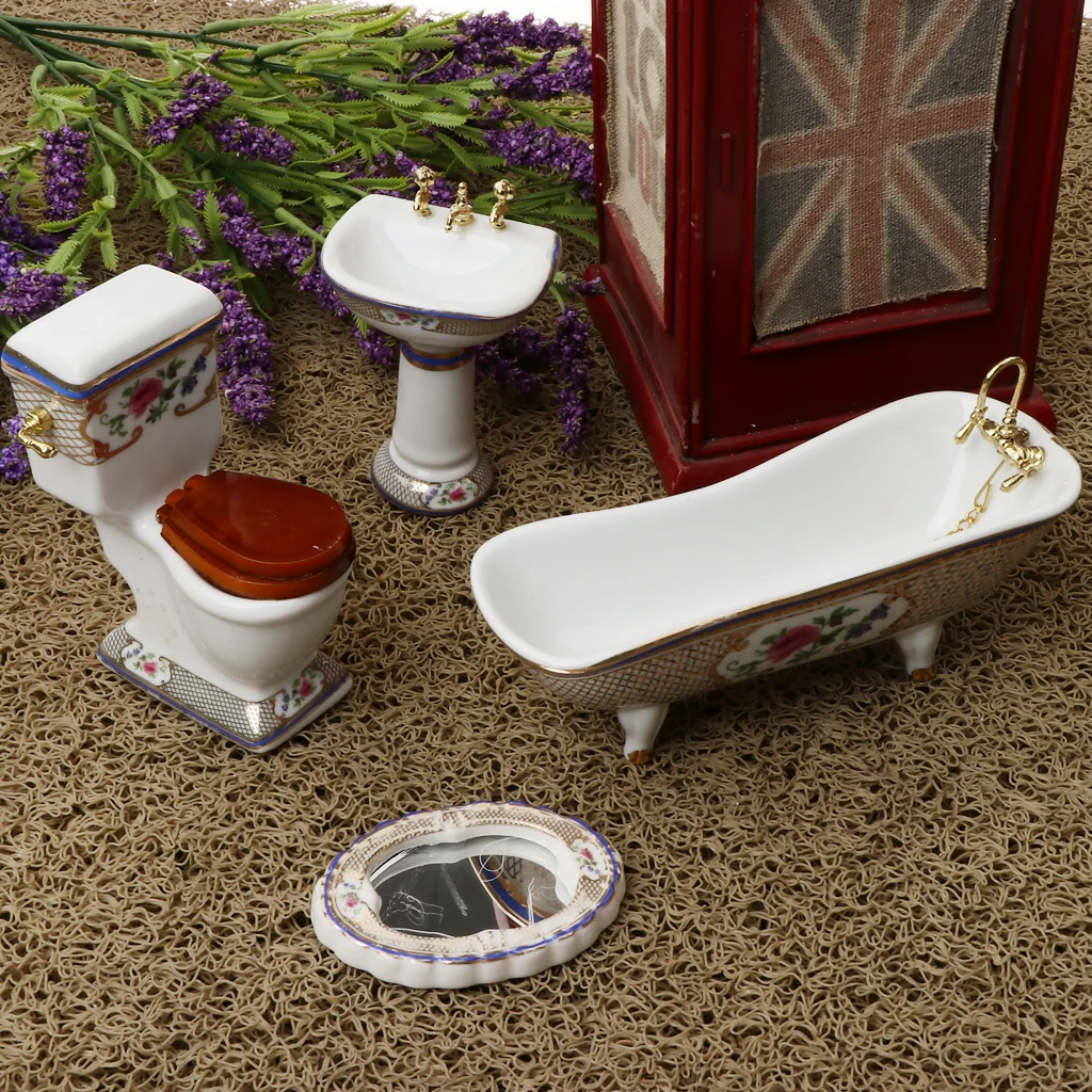 4 Pieces 1:12 Miniature Dollhouse Bathroom Supplies Set Bathtub Toilet Sink Mirror Accs #3 | Игрушки и хобби