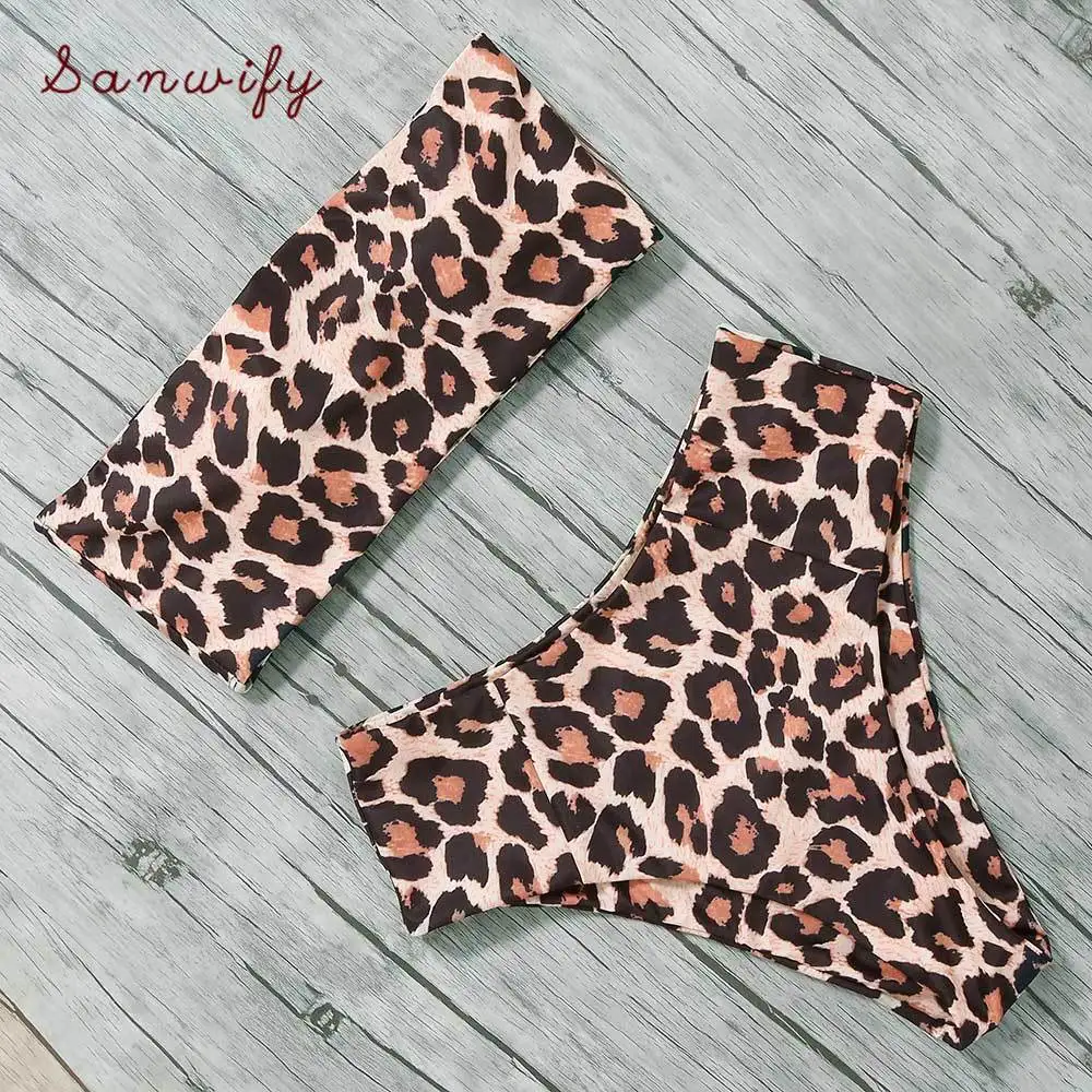 

Tropical Print Swimsuit 2020 High Waist Bikini Set Bikini Women Strapless Swimwear Bathing Suit Leopard