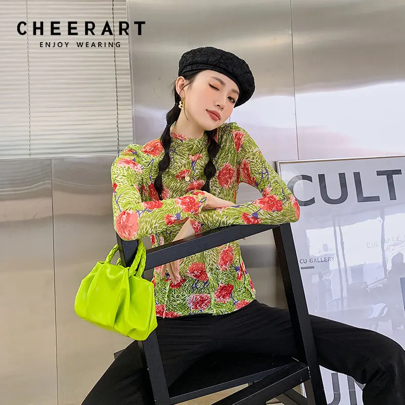

CHEERART масляная живопись Водолазка с длинным рукавом сетчатый топ зеленые футболки с цветочным принтом Просвечивающая футболка осень 2021 жен...