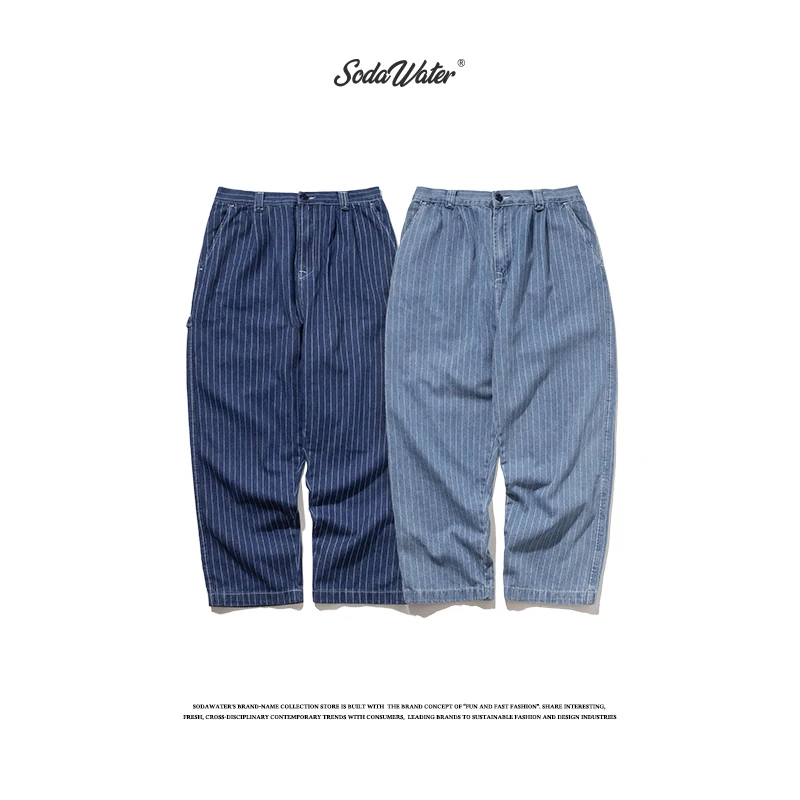 Sodaводяные мужские полосатые джинсы 2019 AW уличная свободные прямые джинсовые
