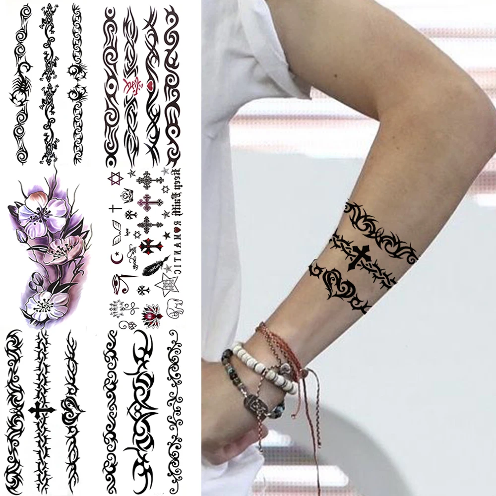 

Black Totem Temporary Tattoos For Men Women Kids Cross Heart Flower Realistic Fake Tattoo Sticker Arm Waterproof Tatoo Paste