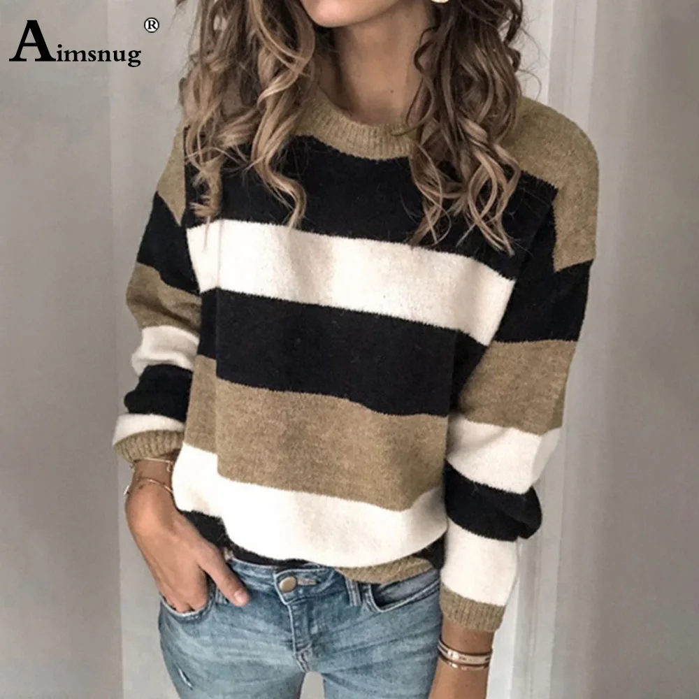 

Aimsnug цветные женские свитера с длинным рукавом в стиле пэчворк пуловеры с круглым вырезом свободные 2020 повседневные осенние новые женские в...