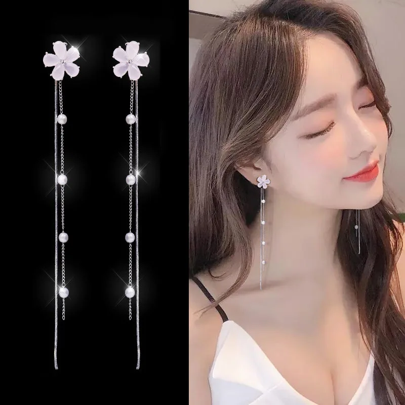 Temperament flower earrings pearl Korean style tassel pendant long personality cold and versatile female | Украшения и аксессуары