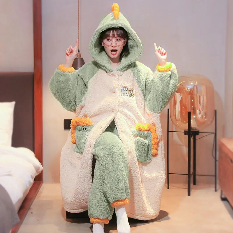 

Coral Velvet Pajamas Women's Autumn and Winter Thickened with Flannel Nightgown 2021new Long Homewear Suit