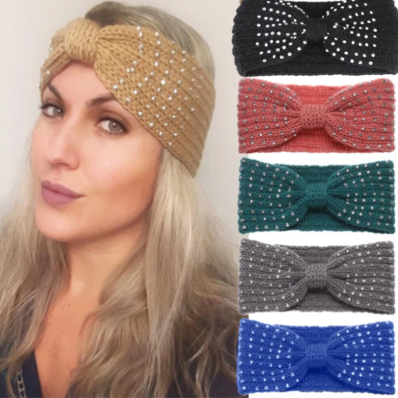 

2021 New Winter Warmer Ear Knitted Headband Bow Rhinestone Headwear For Women Girls European