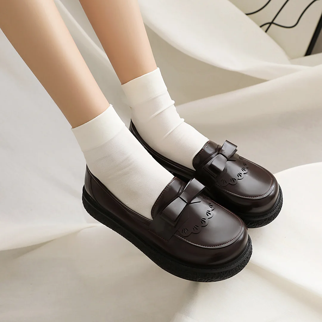

Women Fashion Flats Heel Bow Hollow Flower Platform Round Toe Cosplay Japanese Sweet Lolita Mary Janes Shoes Black Brown