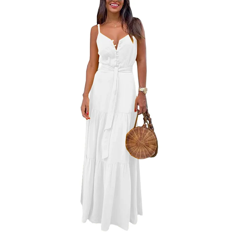 

Women's V-neck Solid Color Dress Personalized Button Sexy Spaghetti Strap Dresses Casual Beach Long Dress Splicing Dresses