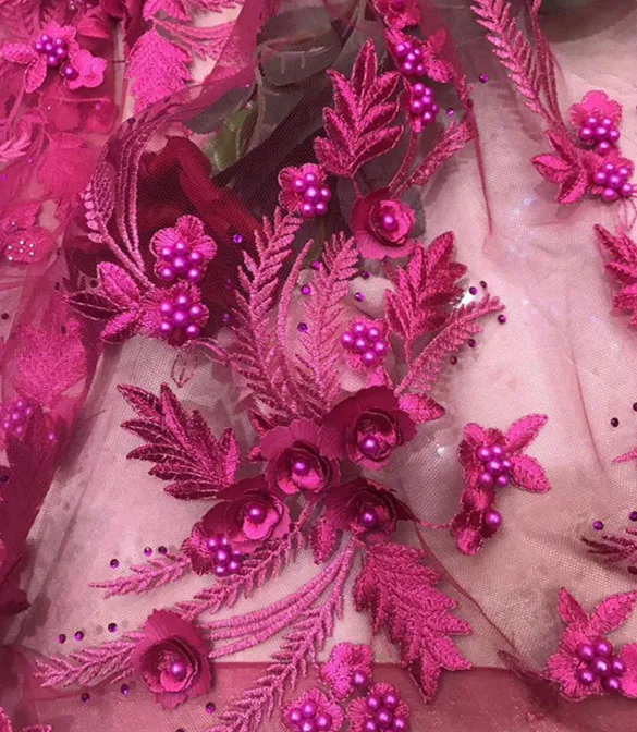 Ярко розовый 3D вышитый бисером кружевной ткани цветок свадебные заплатки из для