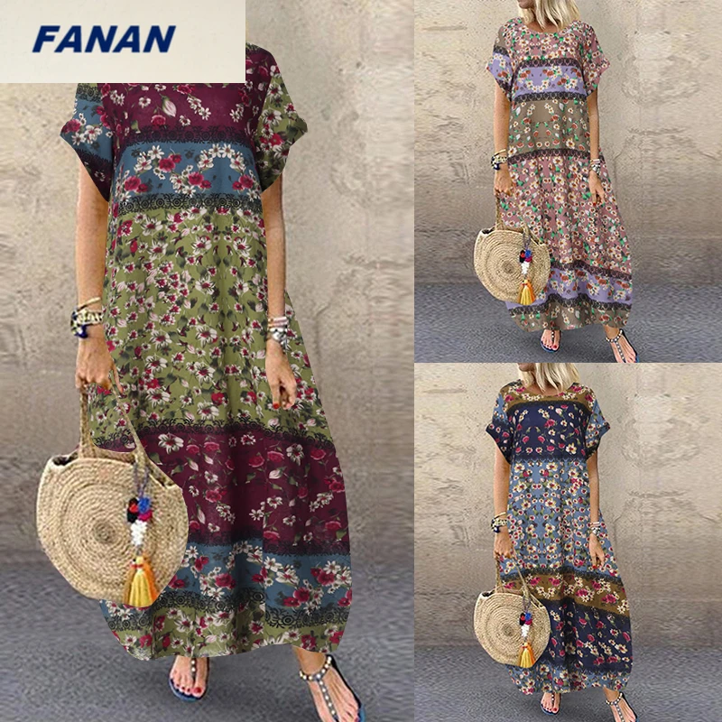 

Fashion Summer Maxi Dress Women's Printed Sundress Casual Short Sleeve Vestidos Female High Waist Robe Femme Plus Size